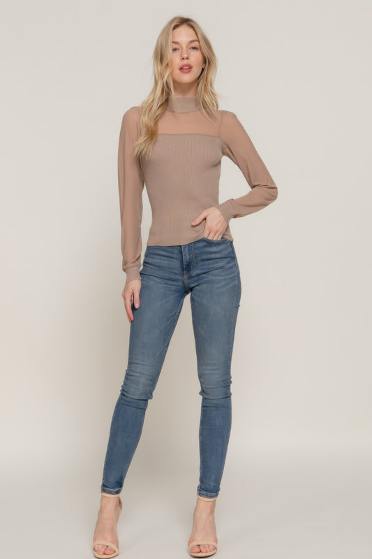 Long Sleeve Mesh Accent Sweater Top