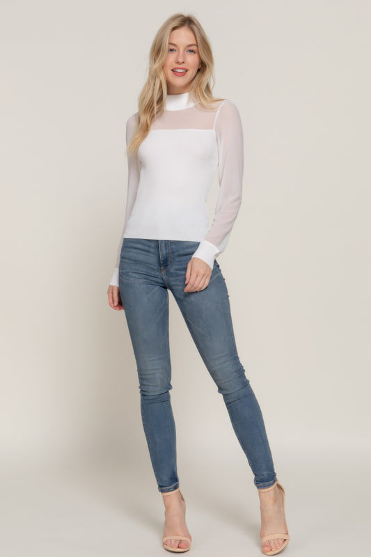Long Sleeve Mesh-Accent Sweater Cami