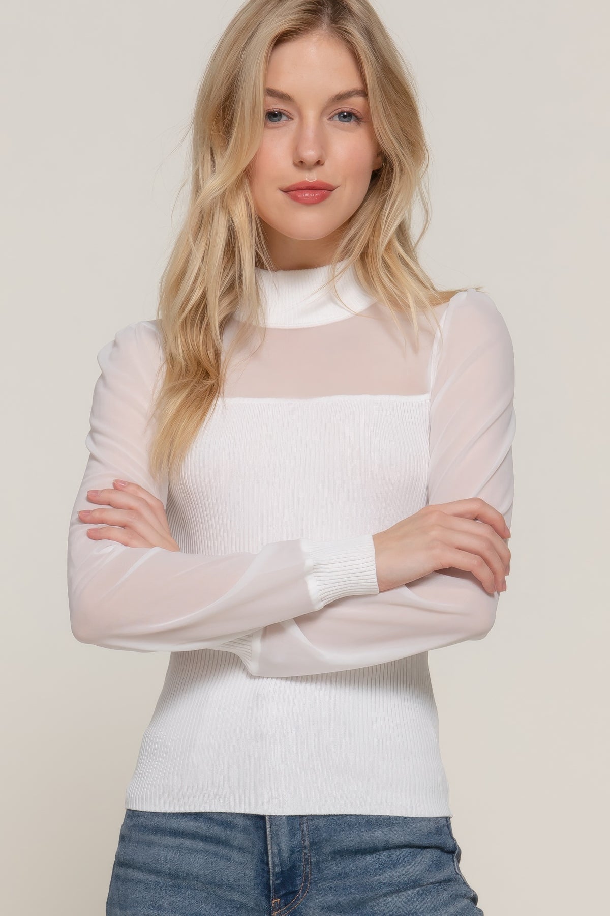 Long Sleeve Mesh-Accent Sweater Cami