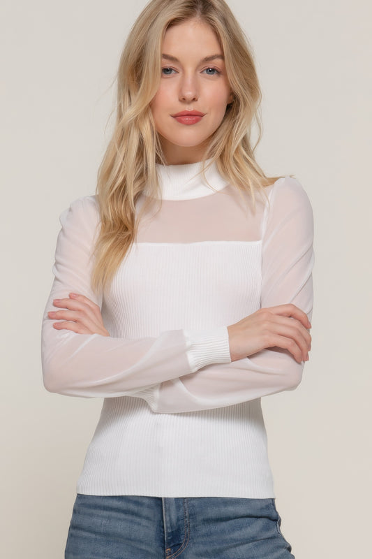 Long Sleeve Mesh-Accent Sweater Cami