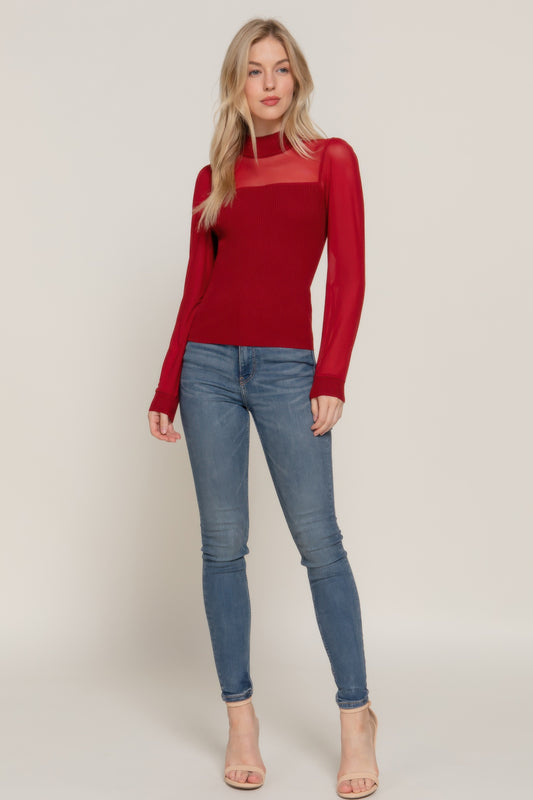 Mesh Panel Long Sleeve Sweater Top