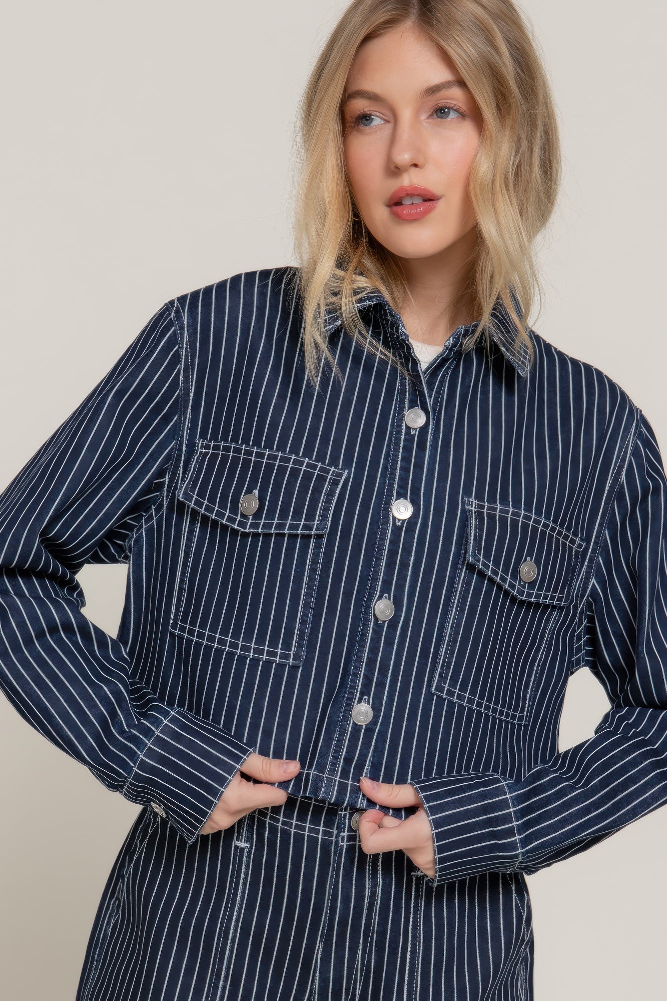 Button Front Striped Denim Cropped Jacket