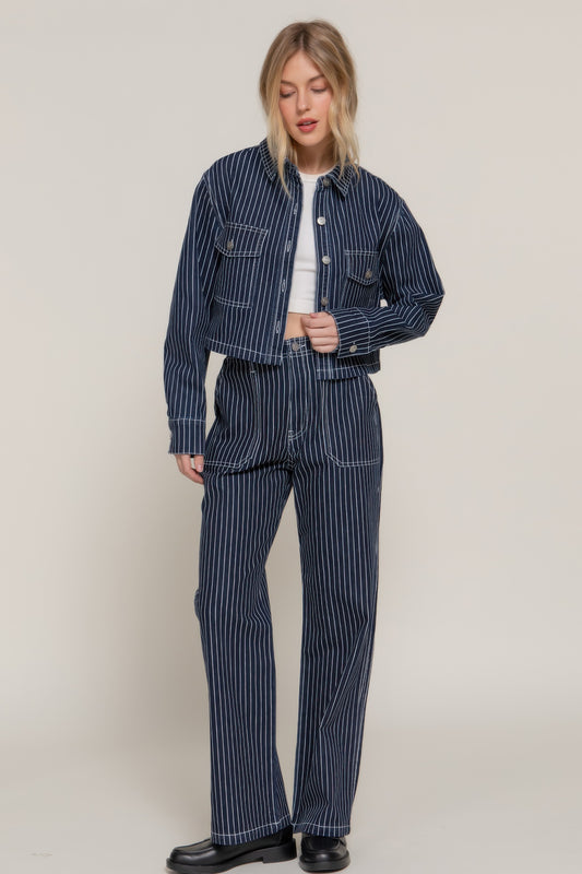 Button Front Striped Denim Cropped Jacket