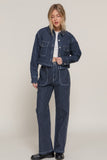 Button Front Striped Denim Cropped Jacket