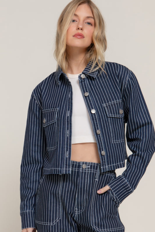 Button Front Striped Denim Cropped Jacket