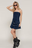 Strapless Stretch Denim Dress with Dual Buckle Flair
