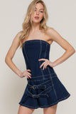 Strapless Stretch Denim Dress with Dual Buckle Flair