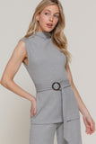 Sleeveless Mock Neck Waist Belt Rib Knit Top