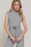 Sleeveless Mock Neck Waist Belt Rib Knit Top