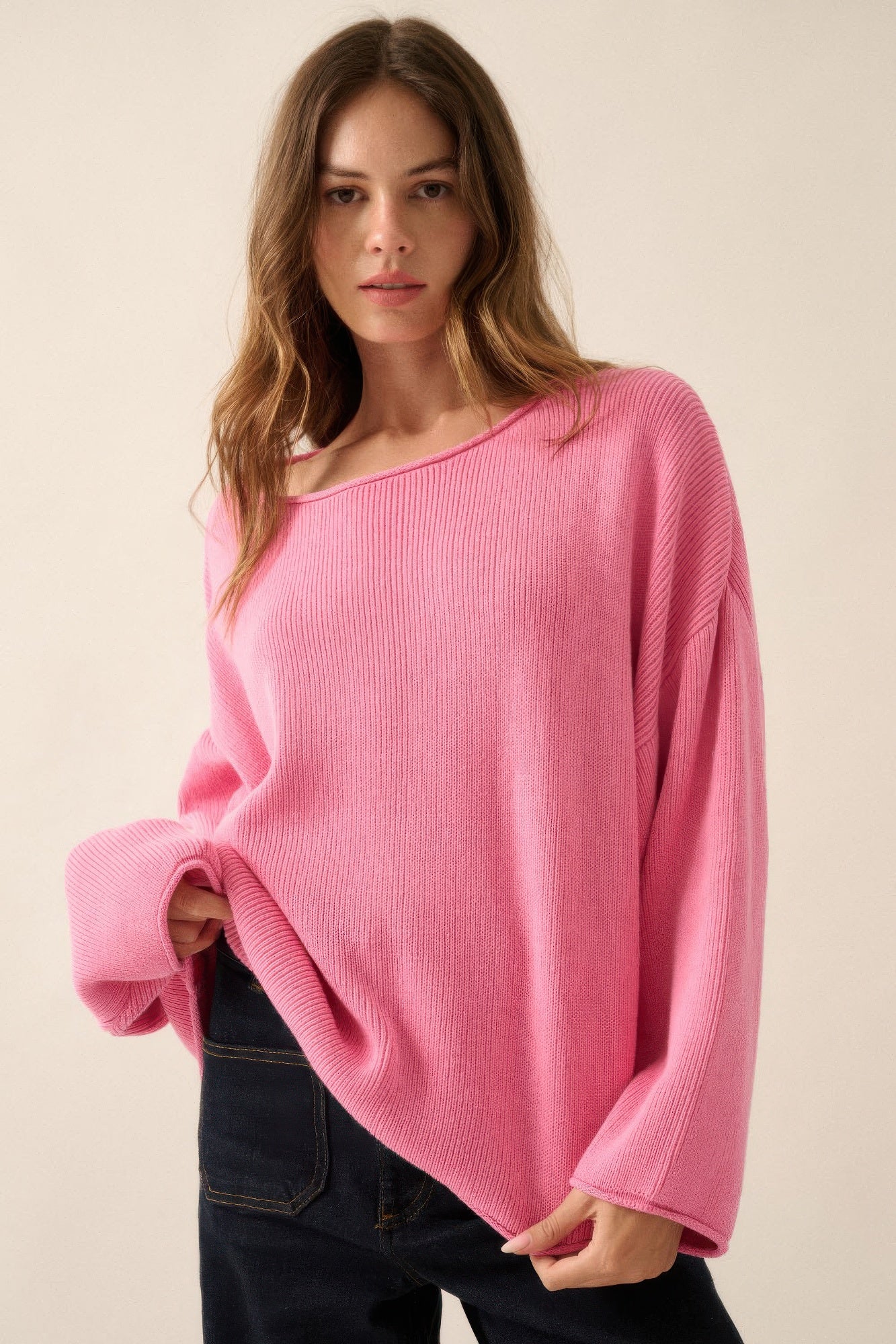 Ribbed Oversized Boatneck Knitwear Sweater