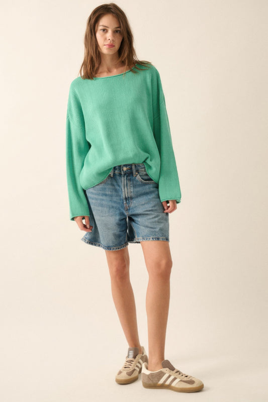 Rib-Knit Oversized Boatneck Pullover Sweater