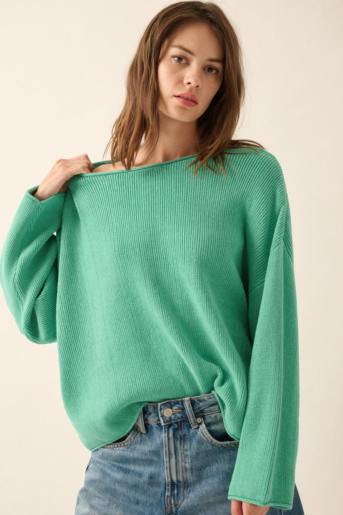 Rib-Knit Oversized Boatneck Pullover Sweater