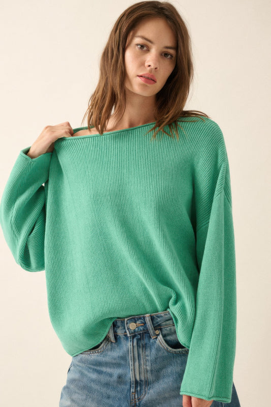 Rib-Knit Oversized Boatneck Pullover Sweater