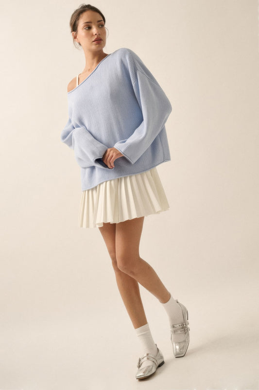 Ribbed Knit Oversized Boatneck Pullover Sweater