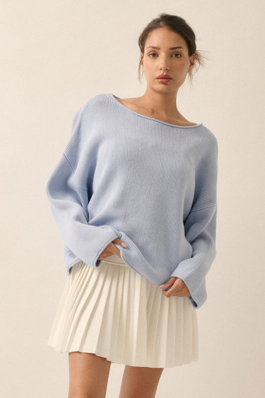 Ribbed Knit Oversized Boatneck Pullover Sweater