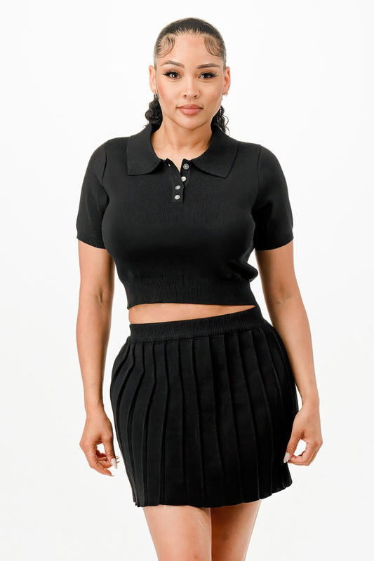 Polo Sweater Top and Skirt Ensemble