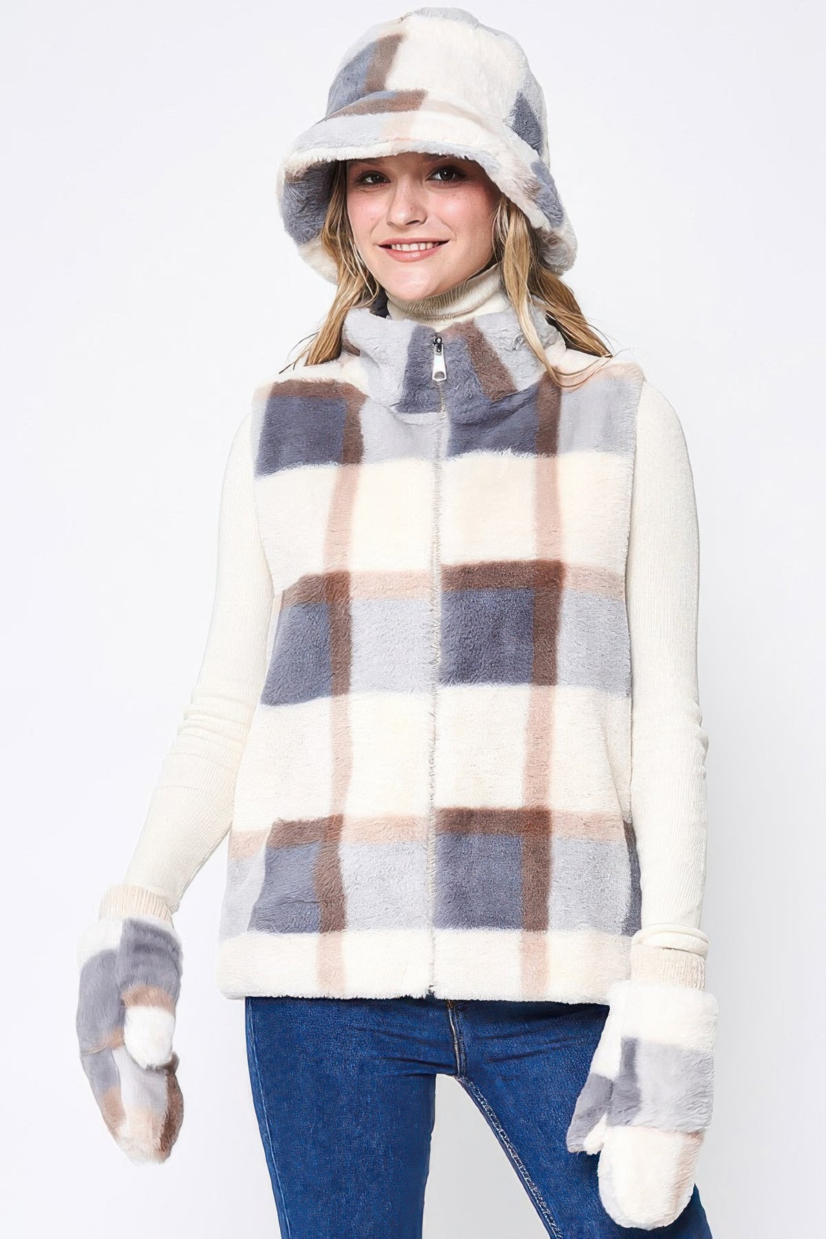 Chic Faux Fur Plaid Vest