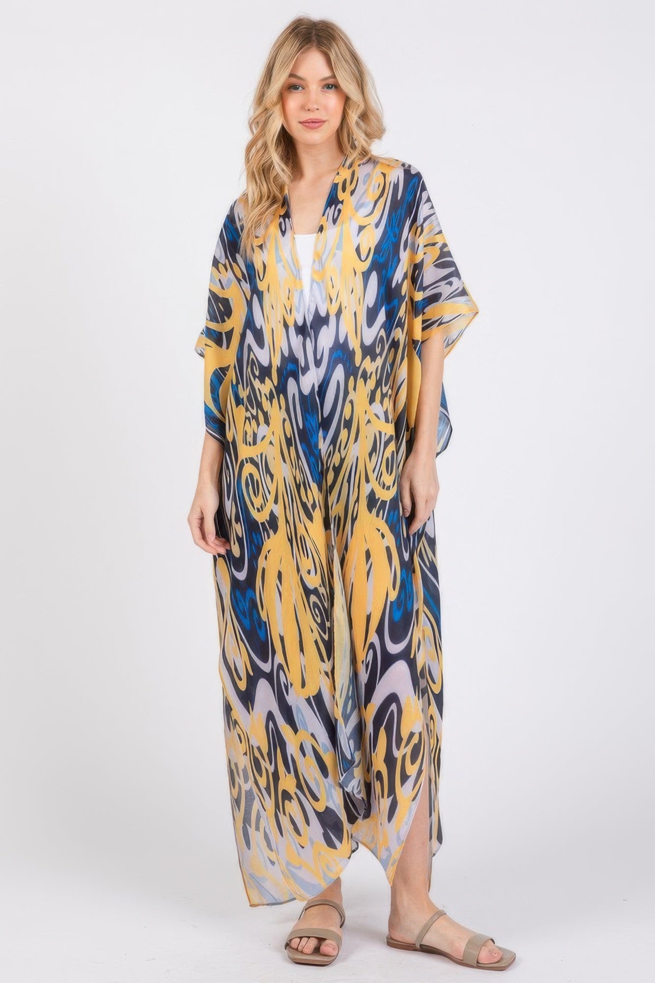 Boho Print Open Front Long Kimono Cover Up