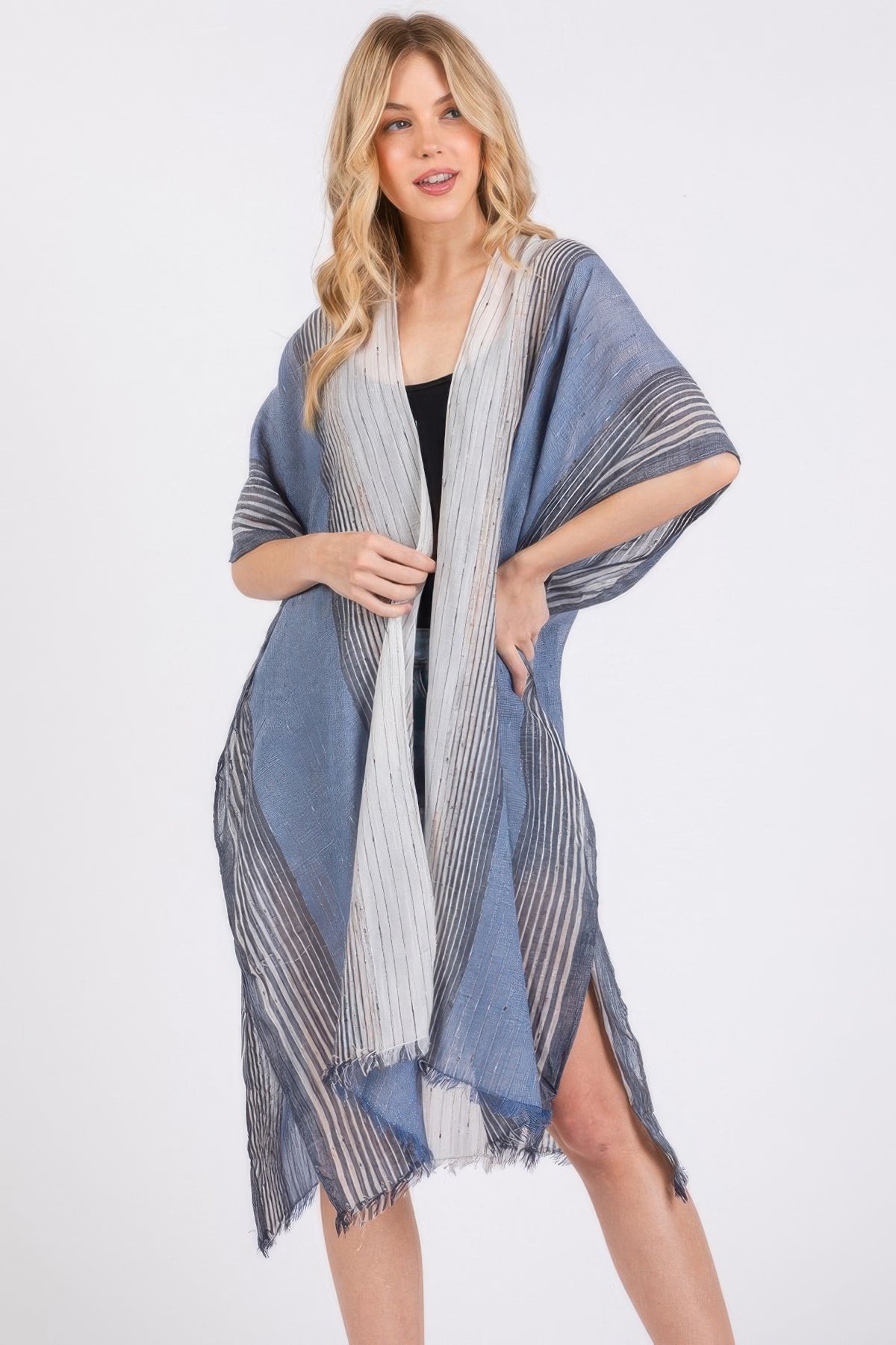 Striped Two Tone Cover Up Kimono  Cover Up