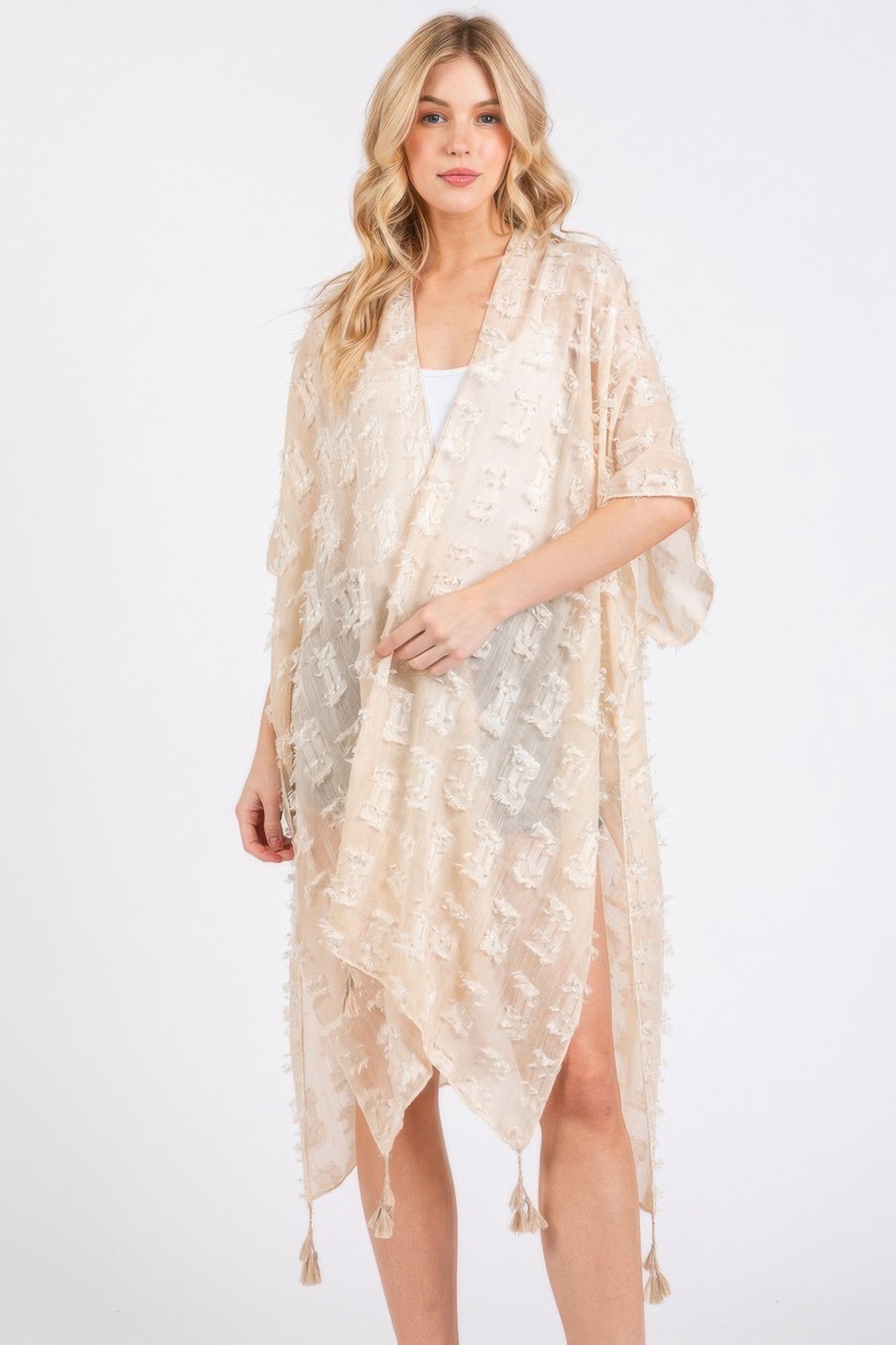 Distressed Pattern Tassel Kimono Cover Up