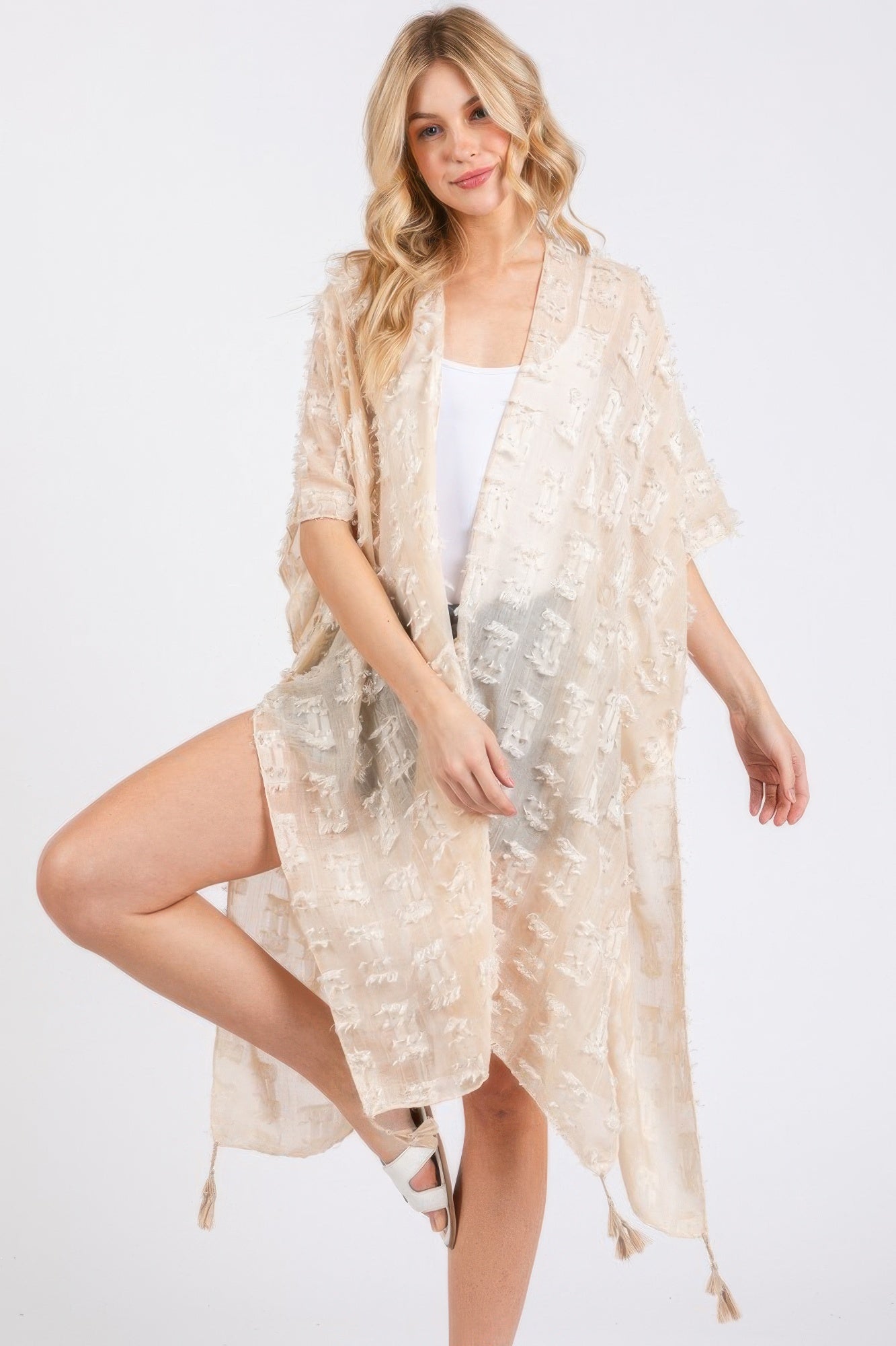 Distressed Pattern Tassel Kimono Cover Up
