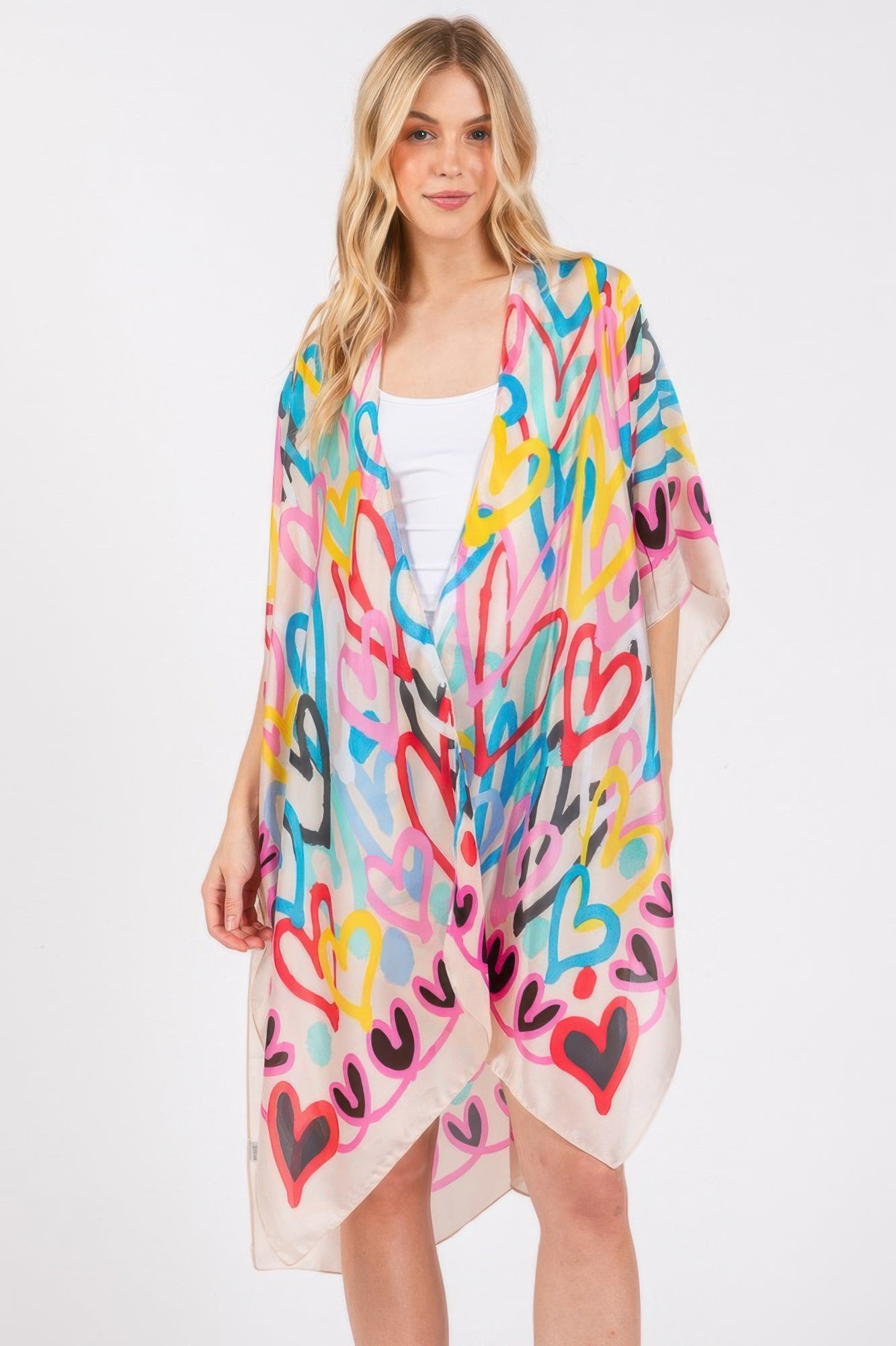 Multi Colored Heart Print Silky Feel Kimono Cover Up