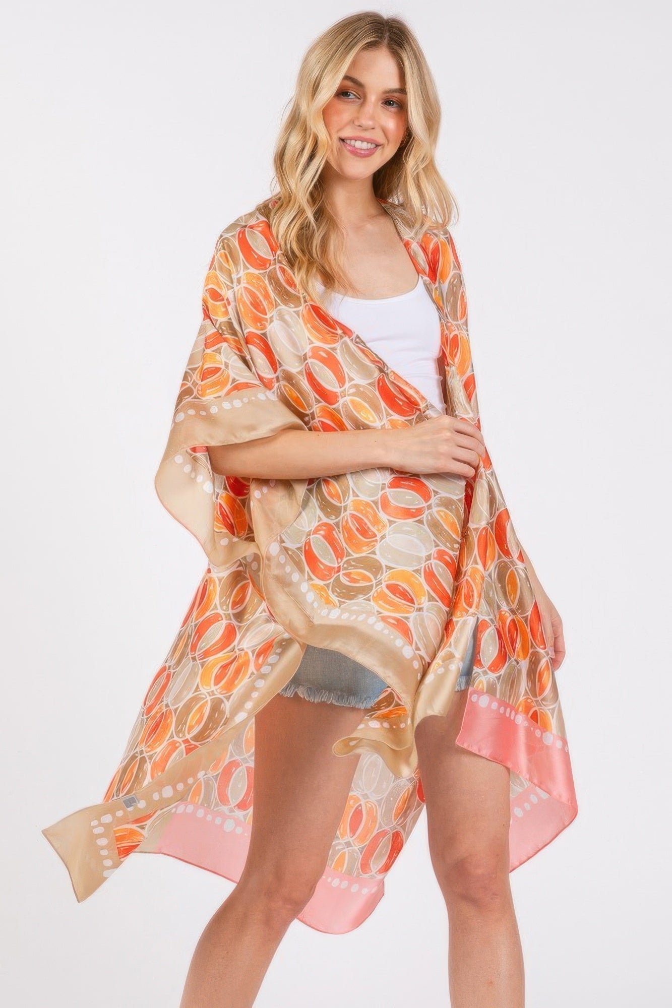 Two Tones Trim Abstract Print Silky Feel Kimono Cover Up