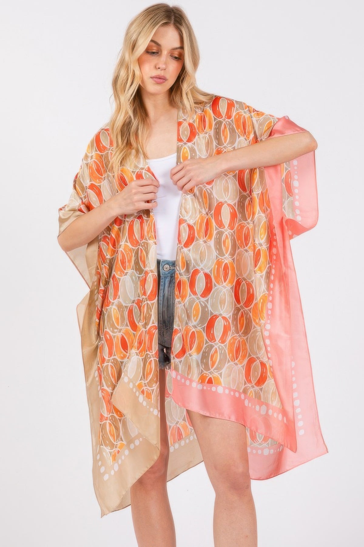 Two Tones Trim Abstract Print Silky Feel Kimono Cover Up