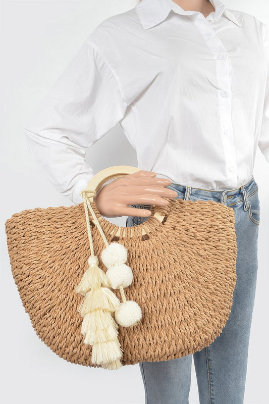 Boho Woven Paper Wooden Handle Tote Bag