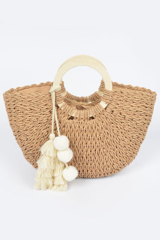 Boho Woven Paper Wooden Handle Tote Bag