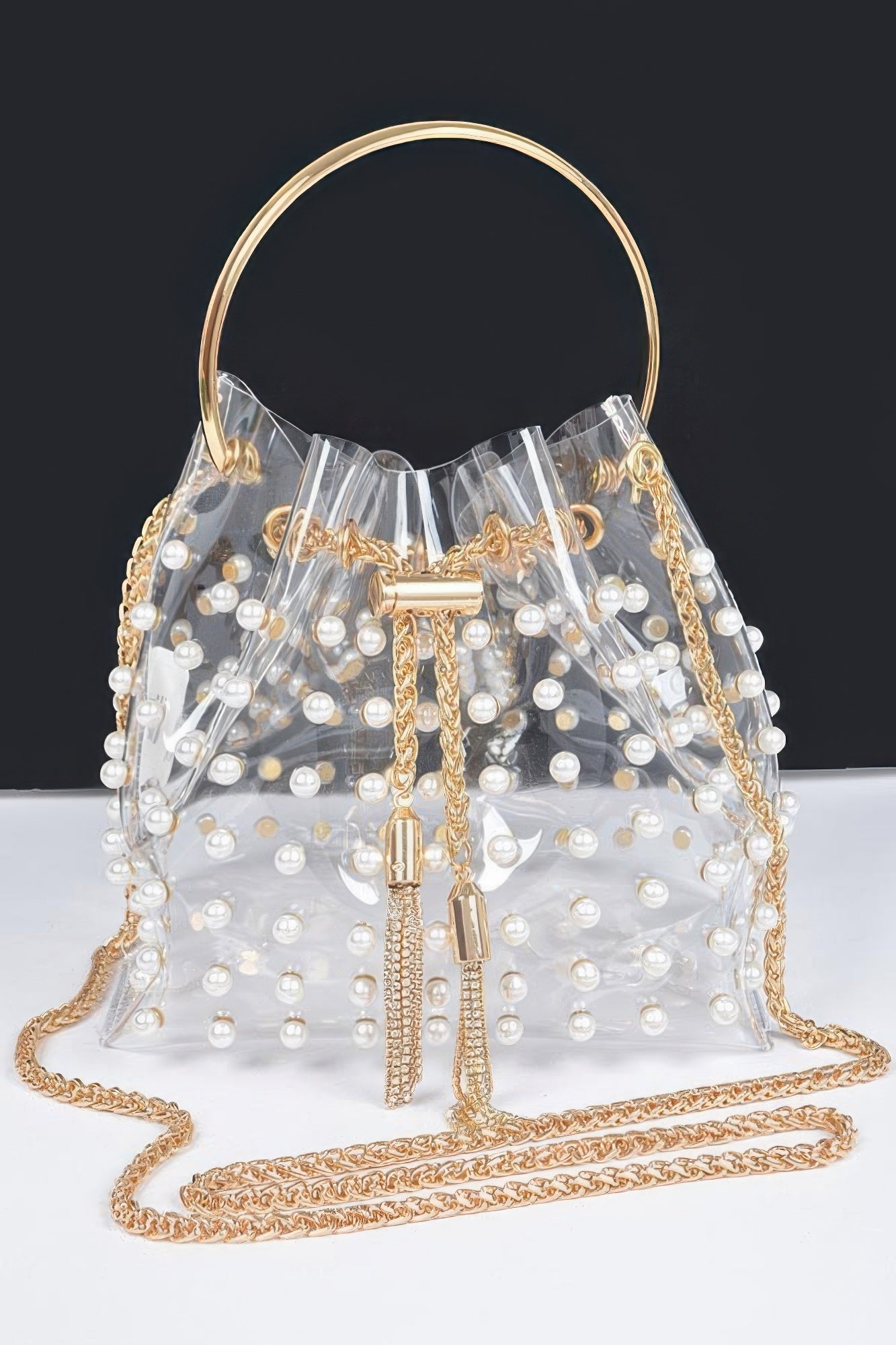 Elegant PVC Bucket Bag with Pearl Embellishments