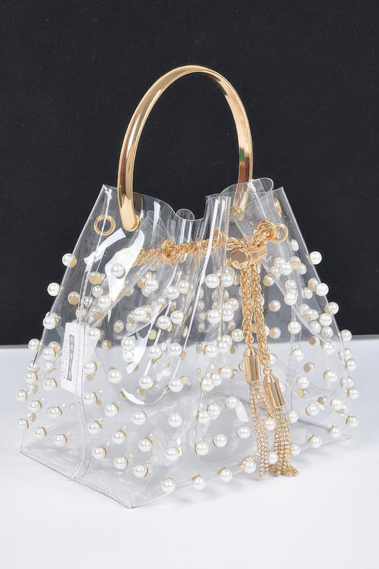 Elegant PVC Bucket Bag with Pearl Embellishments