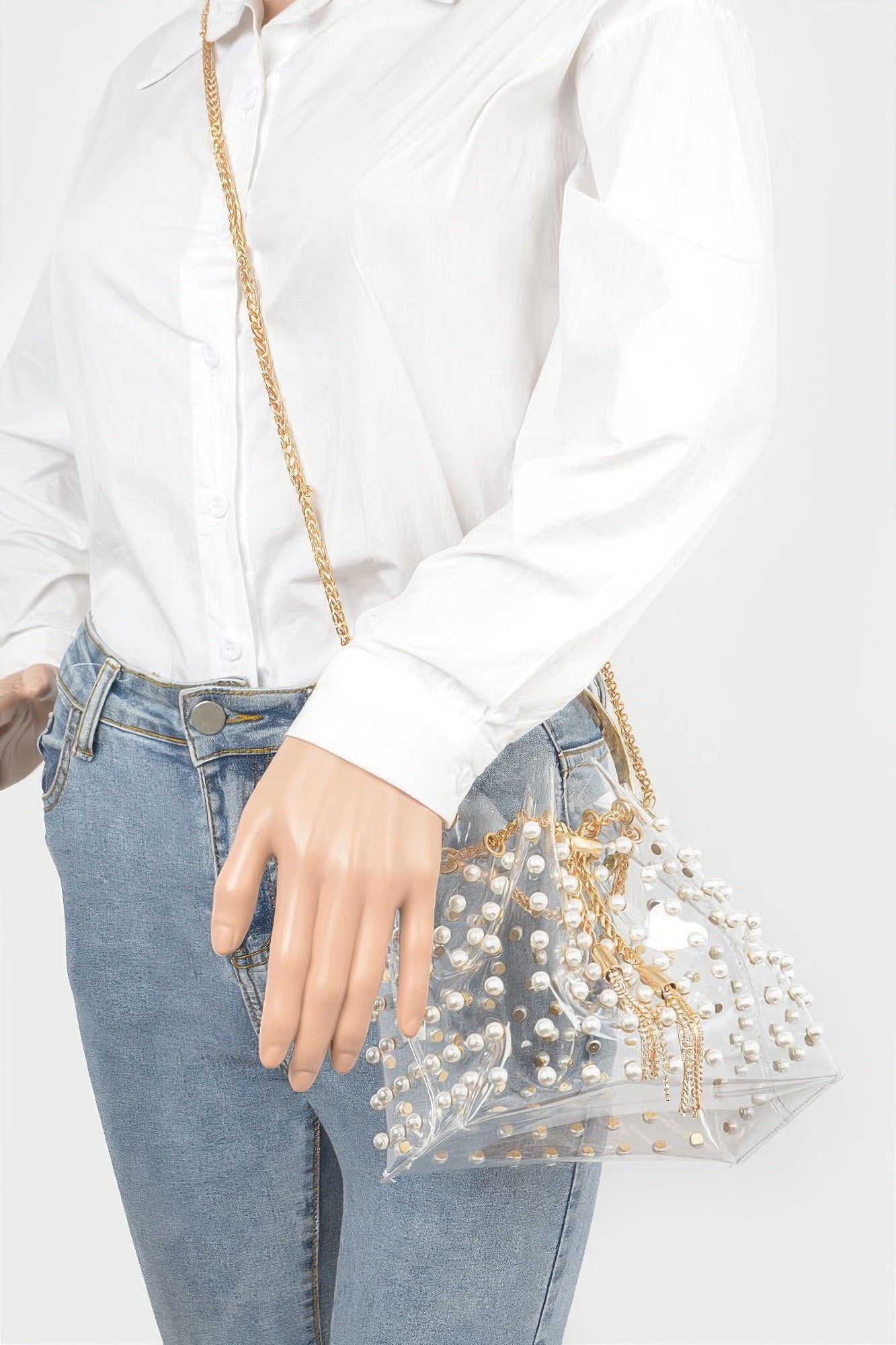 Elegant PVC Bucket Bag with Pearl Embellishments