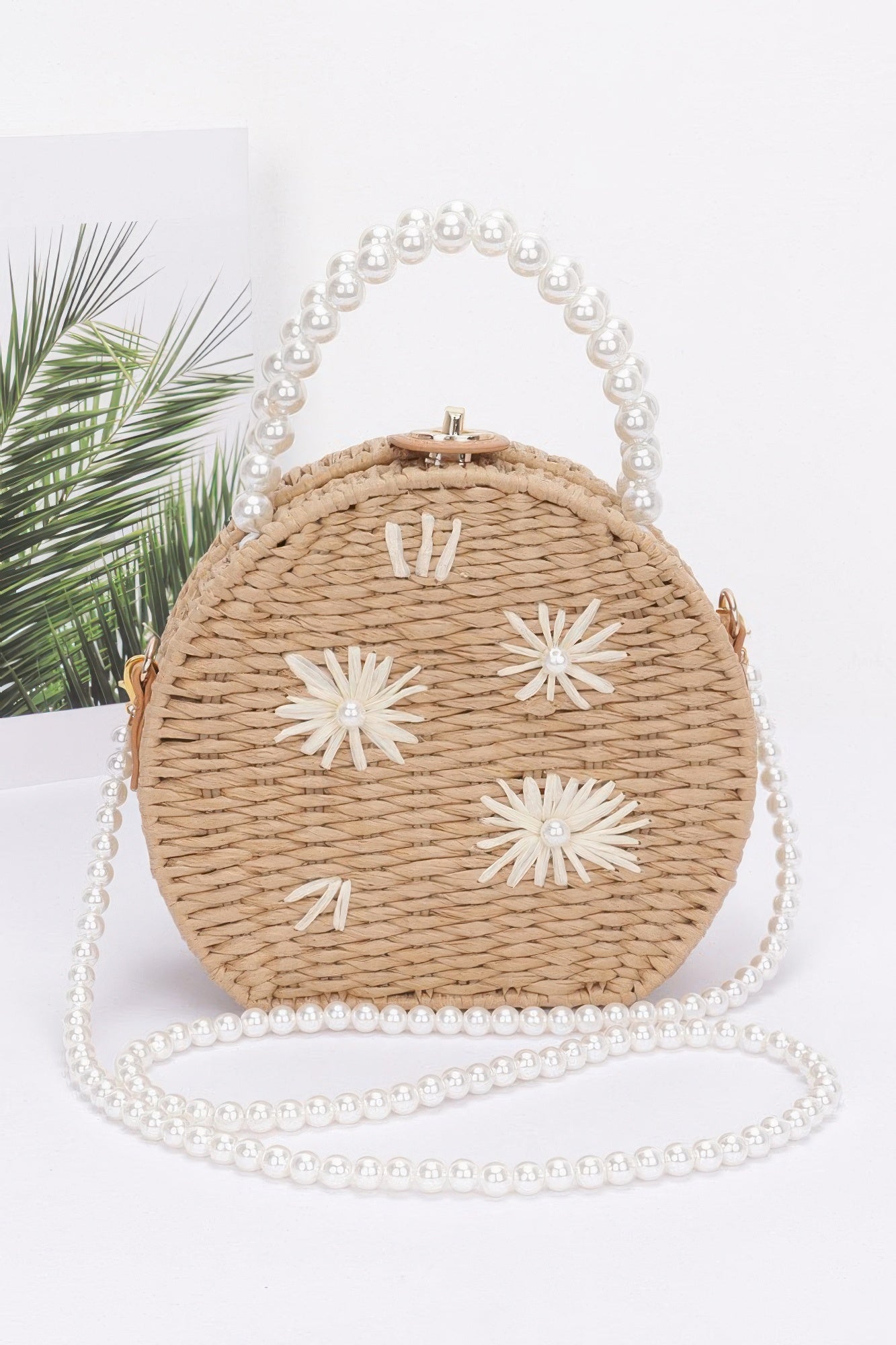 Pearl Blossom Faux Straw Clutch with Floral Handle