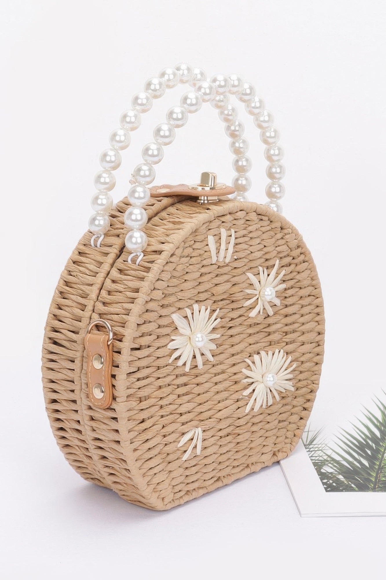 Pearl Blossom Faux Straw Clutch with Floral Handle