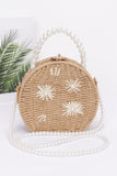 Pearl Blossom Faux Straw Clutch with Floral Handle