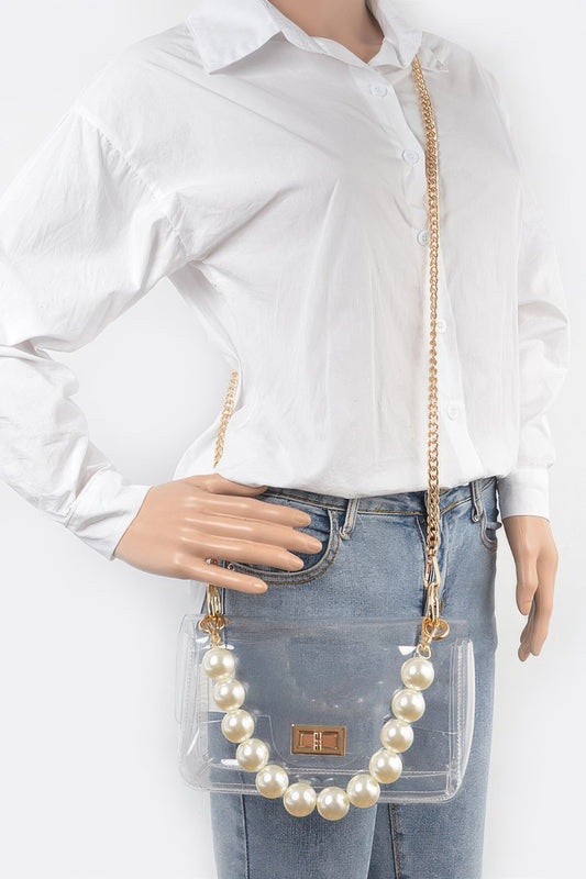 Elegant Pearl Accent Clear Crossbody Bag
