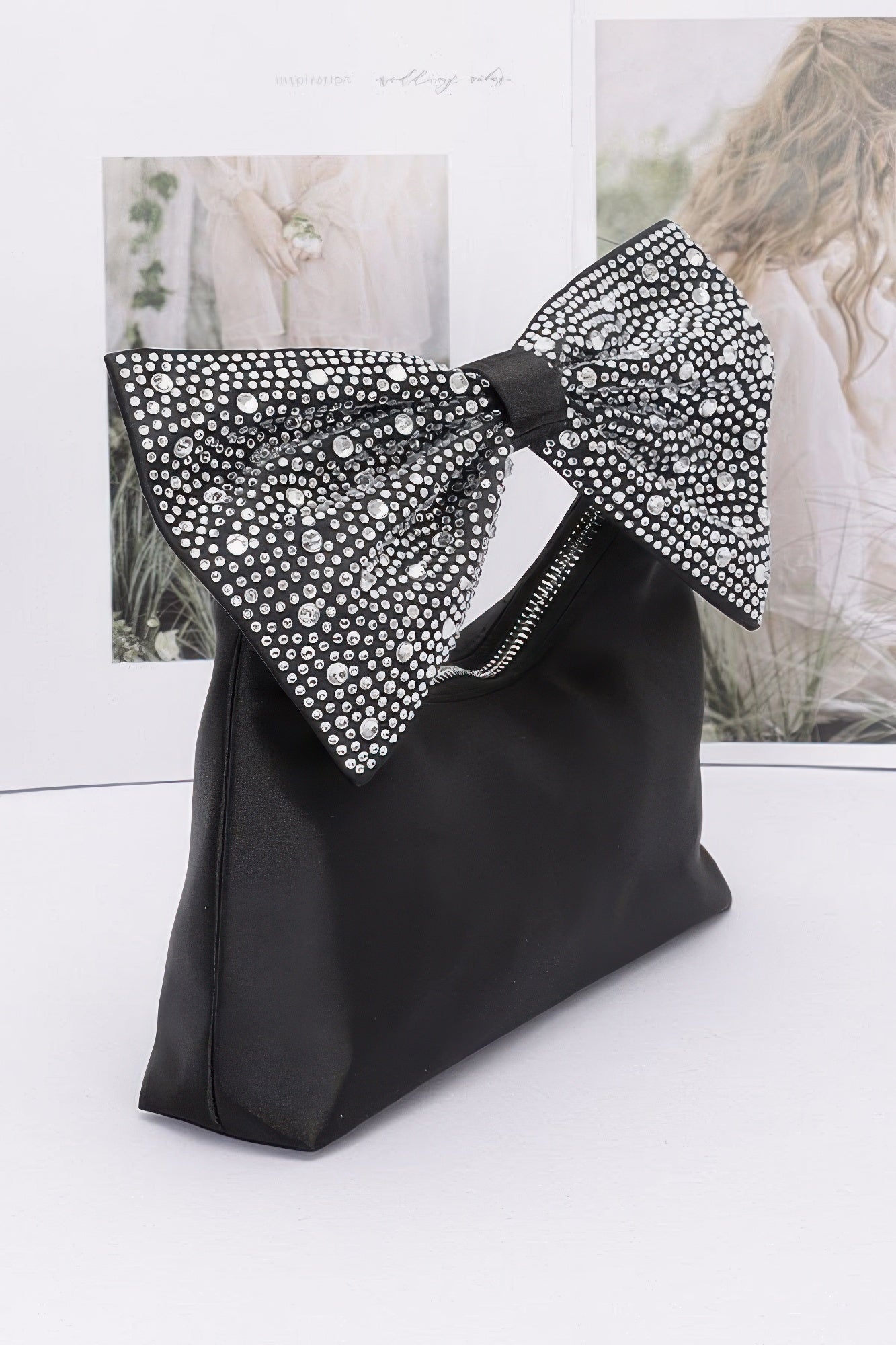 Glamorous Rhinestone Bow Satin Handle Evening Clutch