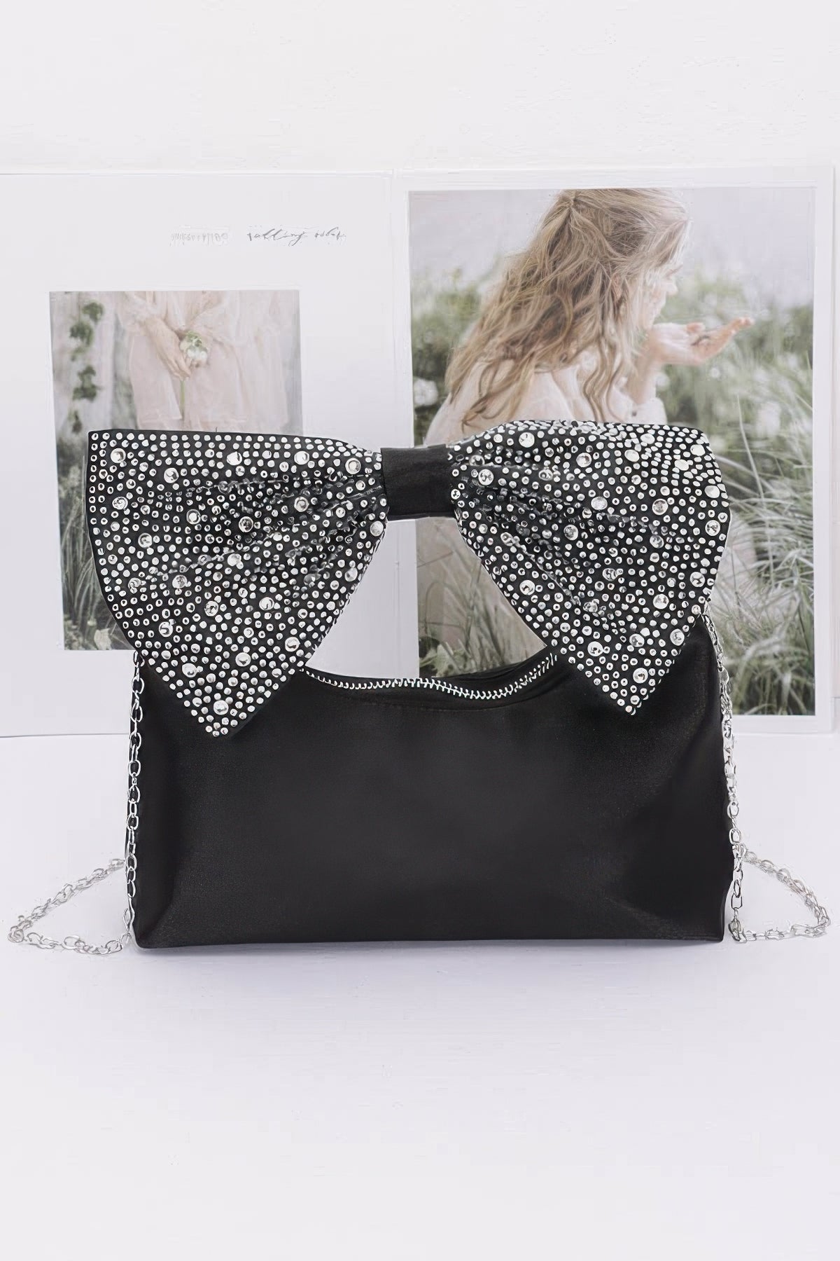 Glamorous Rhinestone Bow Satin Handle Evening Clutch