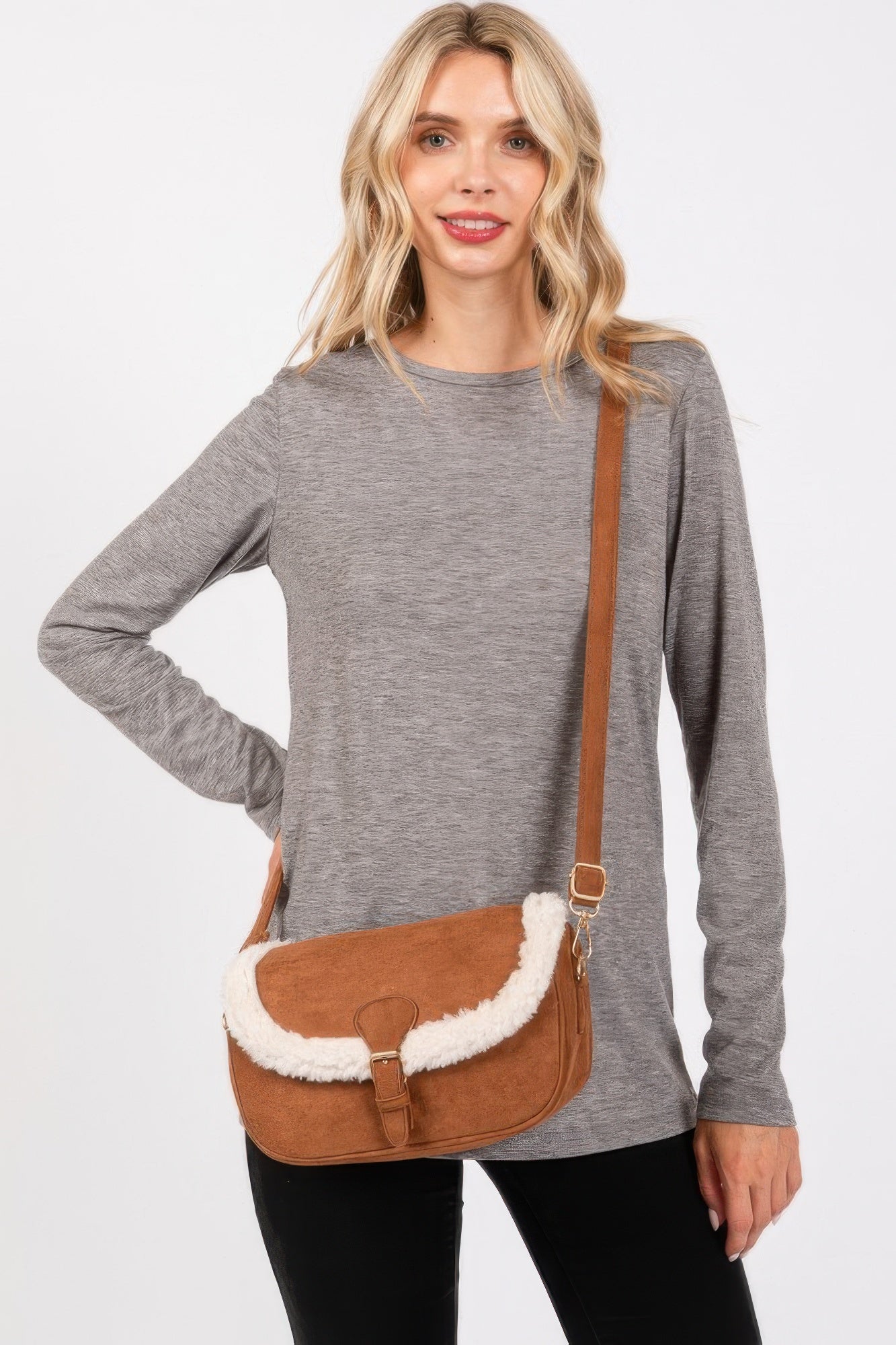 Faux Fur Accent Crossbody Bag with Customizable Strap
