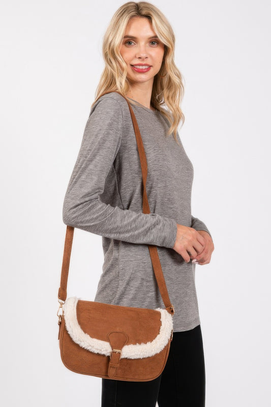 Faux Fur Accent Crossbody Bag with Customizable Strap