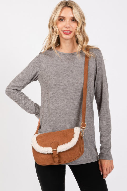 Faux Fur Accent Crossbody Bag with Customizable Strap