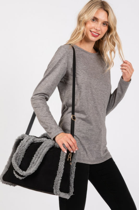 Fleece-Accented Convertible Tote and Crossbody Bag