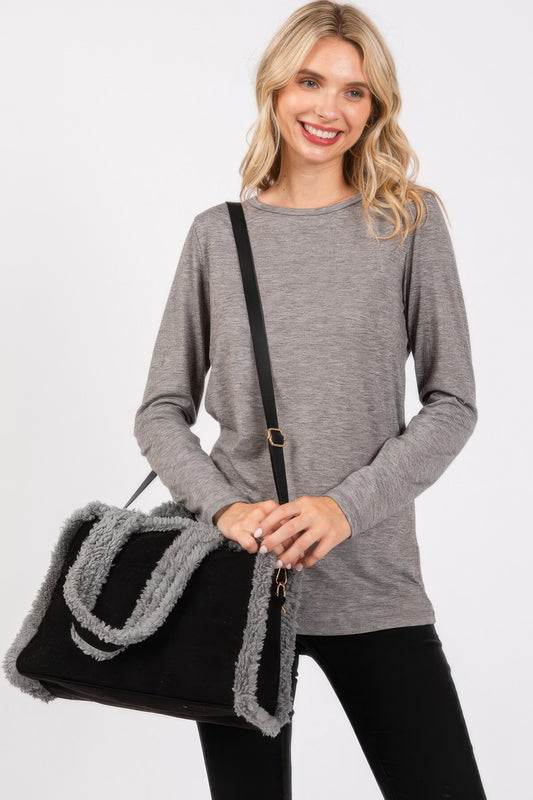 Fleece-Accented Convertible Tote and Crossbody Bag