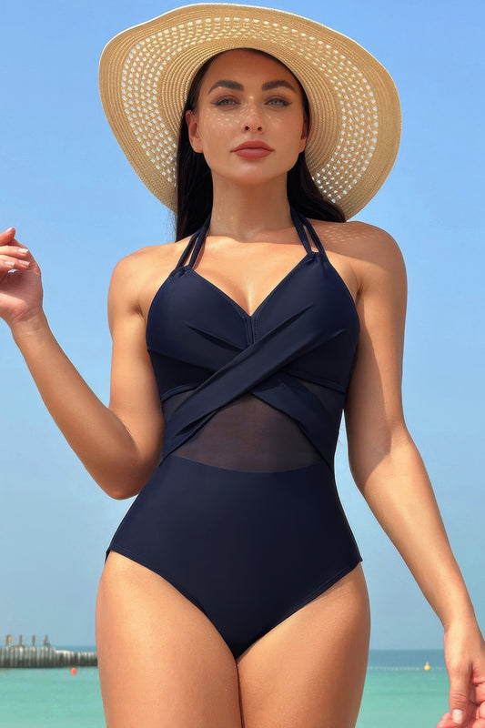 Color Block Halter Cross Lace One-Piece Swimsuit