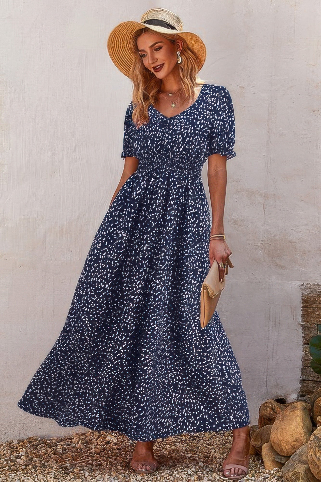 Allover Print Puff Sleeve Ruched Shirred Dress