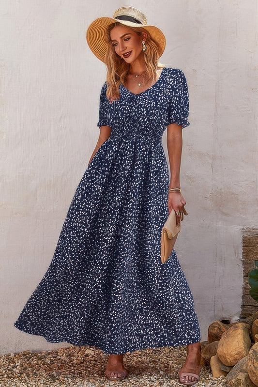 Allover Print Puff Sleeve Ruched Shirred Dress