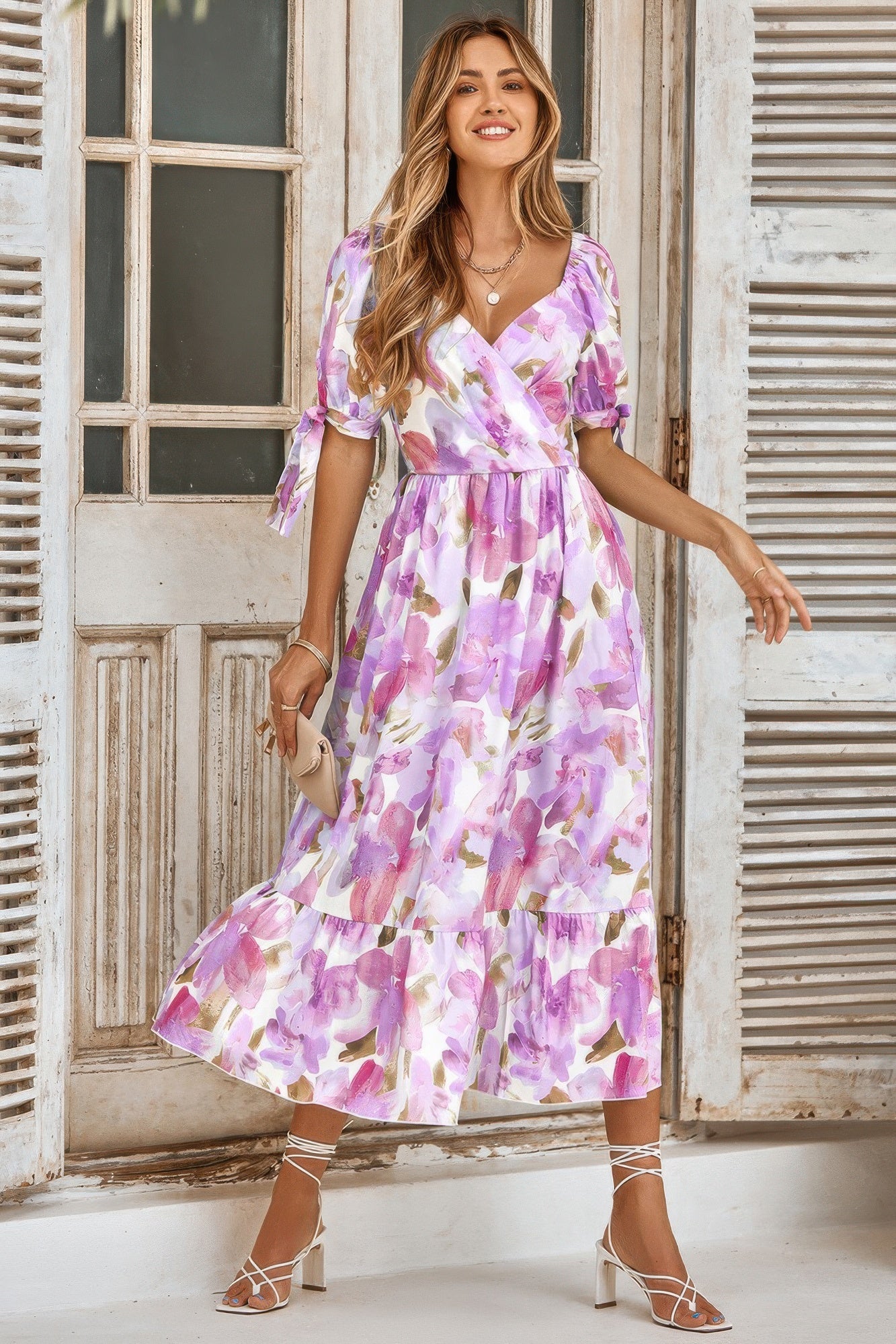 Floral Paint Short Sleeve Tie Cuff Surplice Dress