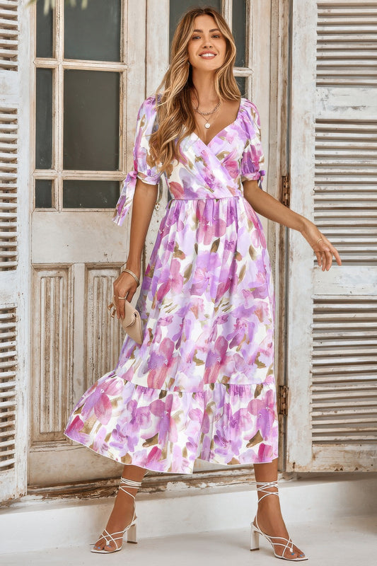 Floral Paint Short Sleeve Tie Cuff Surplice Dress