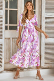 Floral Paint Short Sleeve Tie Cuff Surplice Dress